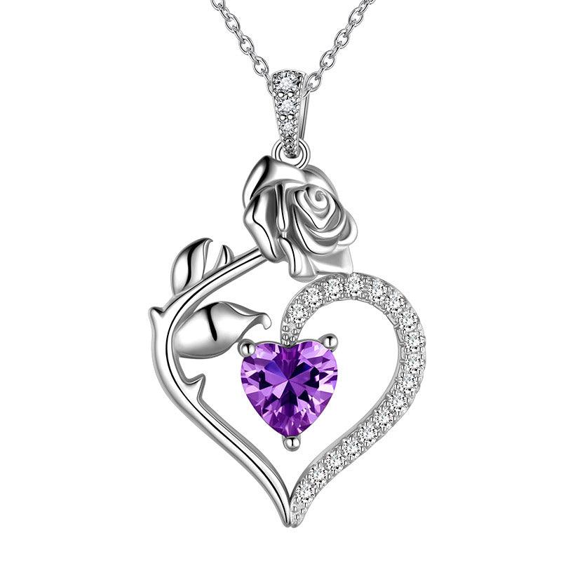 February Amethyst Heart Birthstone 3D Flower Rose Necklace Pendant - Necklaces - Aurora Tears