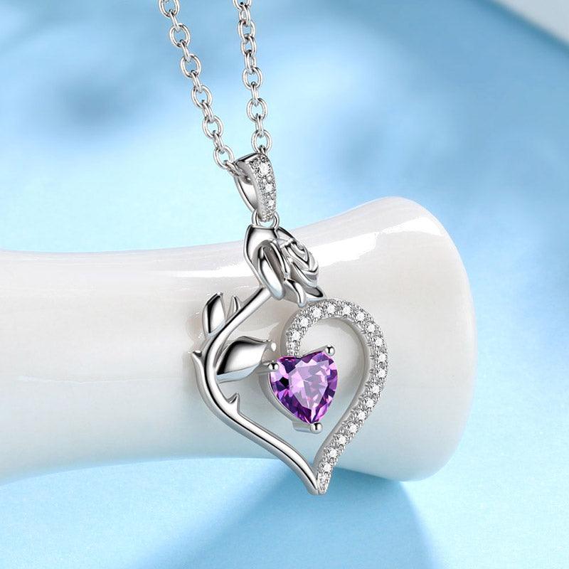 February Amethyst Heart Birthstone 3D Flower Rose Necklace Pendant - Necklaces - Aurora Tears