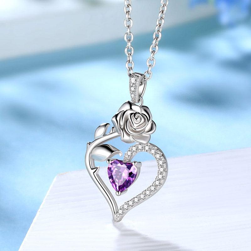 February Amethyst Heart Birthstone 3D Flower Rose Necklace Pendant - Necklaces - Aurora Tears