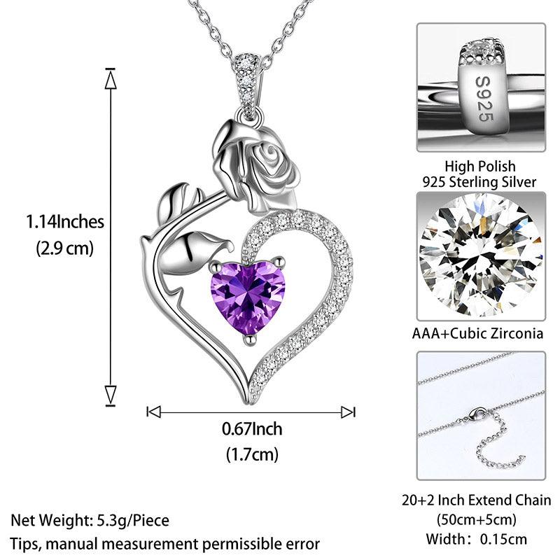 February Amethyst Heart Birthstone 3D Flower Rose Necklace Pendant - Necklaces - Aurora Tears