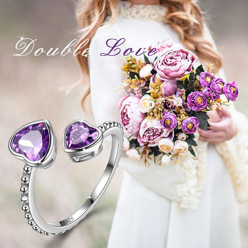 Birthstone February Amethyst Love Hearts Ring Adjustable - Rings - Aurora Tears