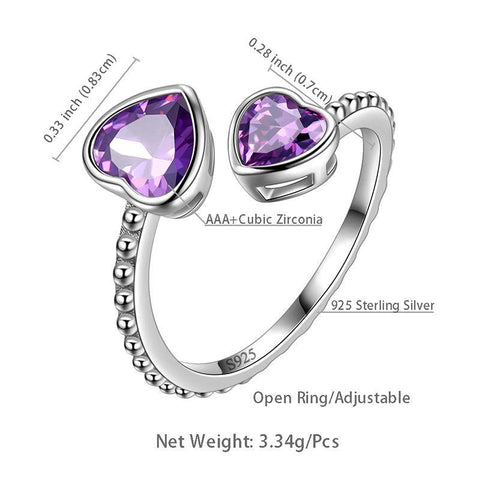 Birthstone February Amethyst Love Hearts Ring Adjustable - Rings - Aurora Tears