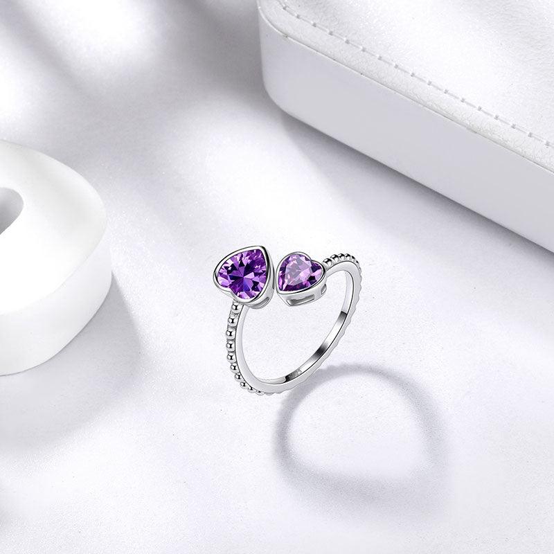 Birthstone February Amethyst Love Hearts Ring Adjustable - Rings - Aurora Tears