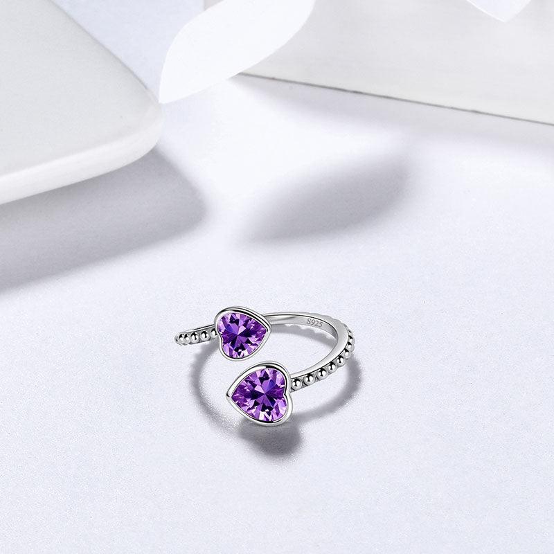 Birthstone February Amethyst Love Hearts Ring Adjustable - Rings - Aurora Tears