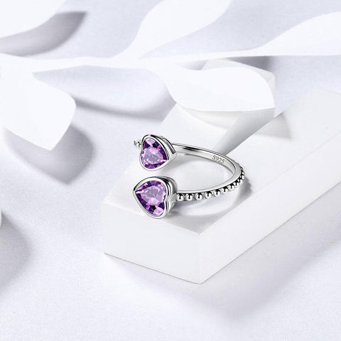 Birthstone February Amethyst Love Hearts Ring Adjustable - Rings - Aurora Tears