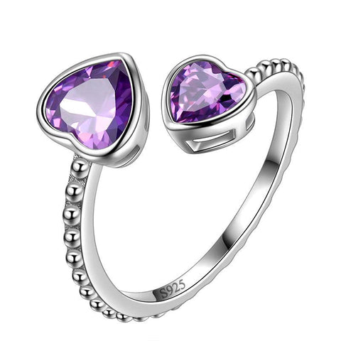 Birthstone February Amethyst Love Hearts Ring Adjustable - Rings - Aurora Tears