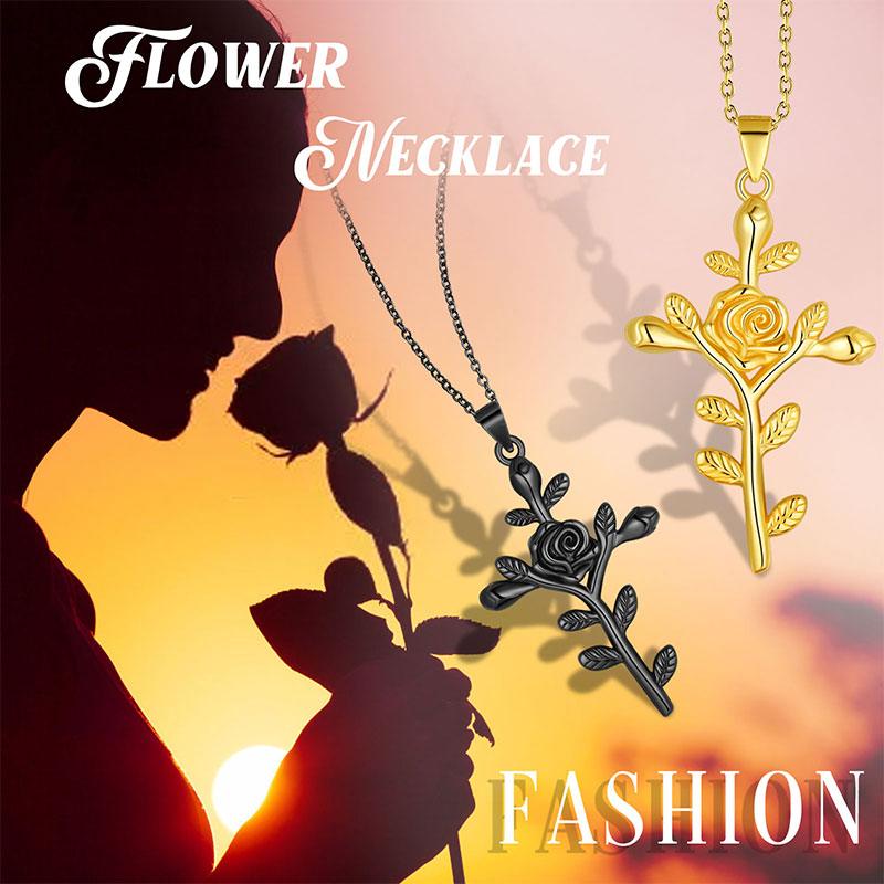Flower Rose Cross Necklace Pendant 925 Sterling Silver - Necklaces - Aurora Tears