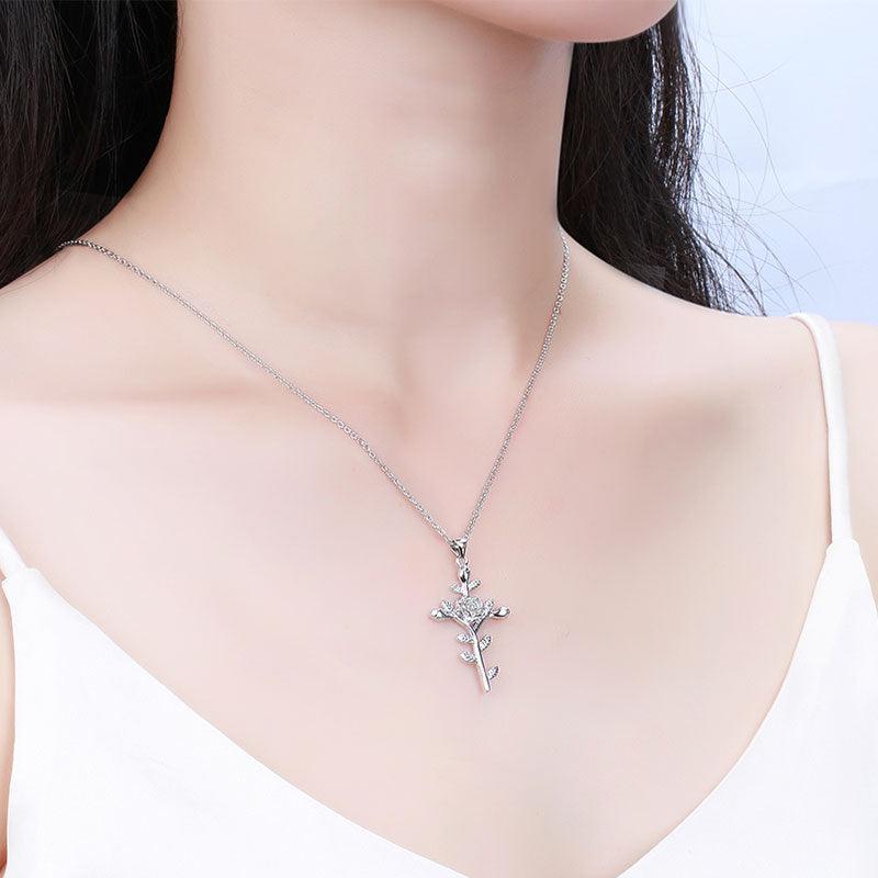 Flower Rose Cross Necklace Pendant 925 Sterling Silver - Necklaces - Aurora Tears