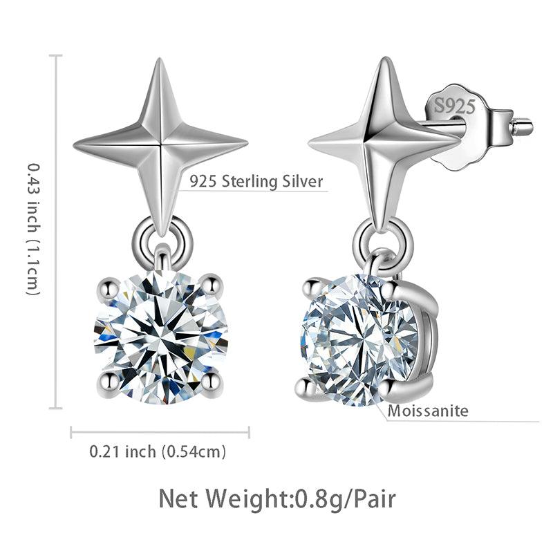 Four-Pointed Star Moissanite Stud Earrings Drop 925 Sterling Silver - Earrings - Aurora Tears