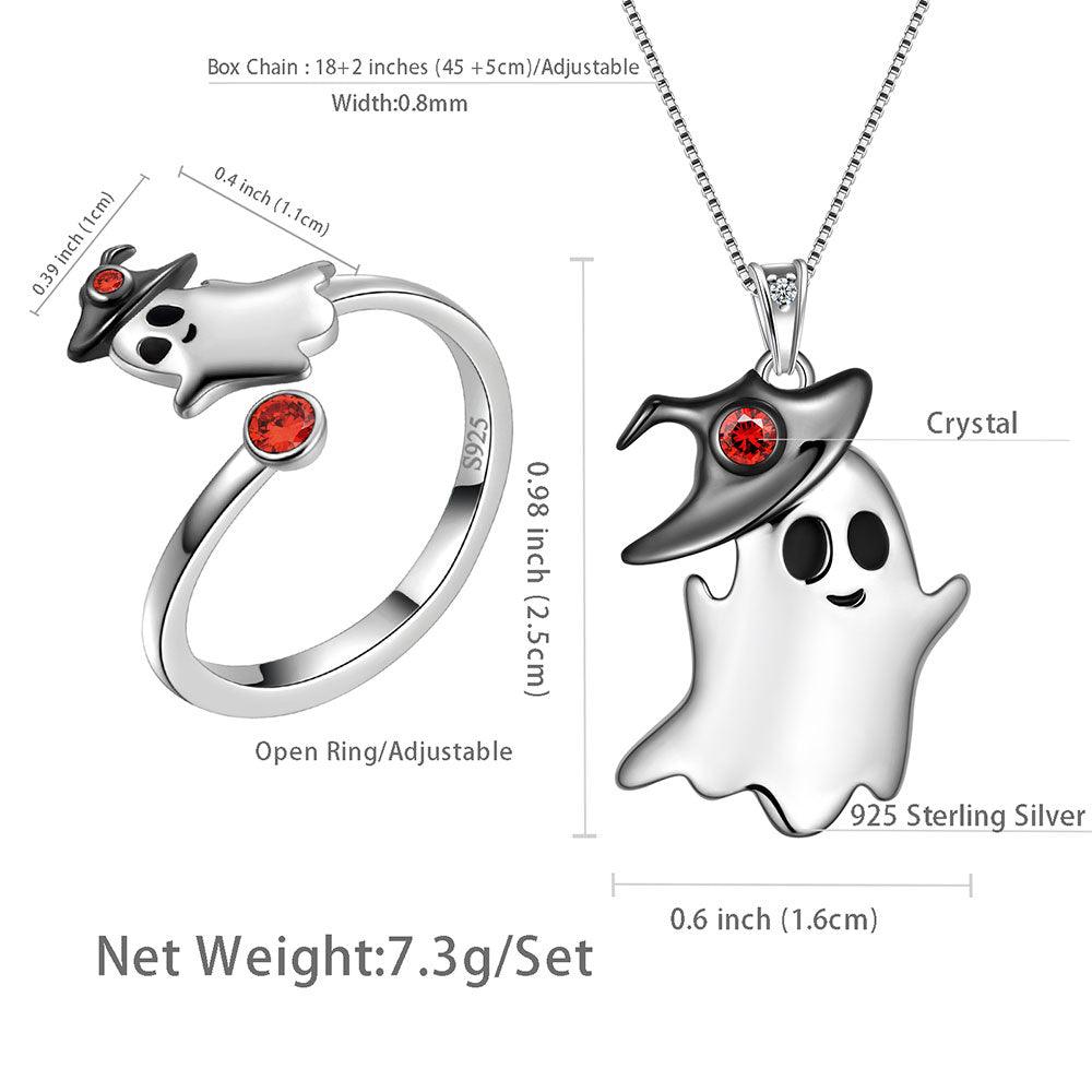 Ghost Necklace Ring Halloween Jewelry Set 925 Sterling Silver - Jewelry Set - Aurora Tears
