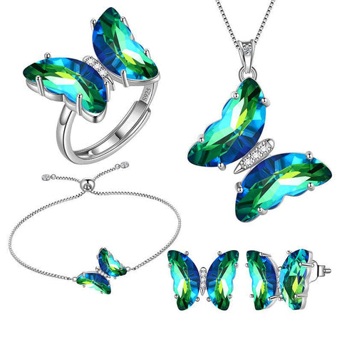 Green Butterfly Jewelry Set 5PCS May Emerald Birthstone - Jewelry Sets - Aurora Tears