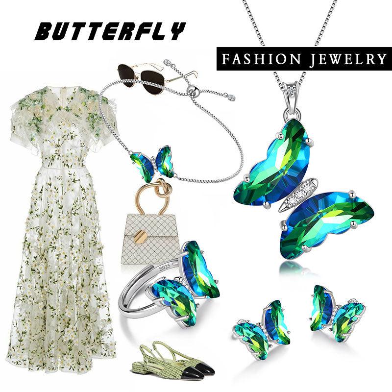 Green Butterfly Jewelry Set 5PCS May Emerald Birthstone - Jewelry Sets - Aurora Tears