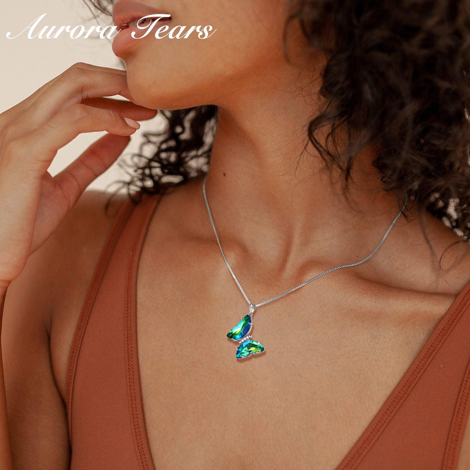 Green Butterfly Necklace May Emerald Birthstone Pendant - Necklaces - Aurora Tears