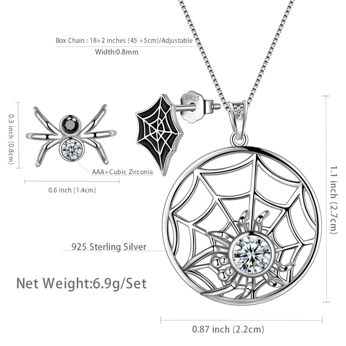 Halloween Spider Jewelry Set Earrings Necklace 925 Sterling Silver - Jewelry Set - Aurora Tears Jewelry
