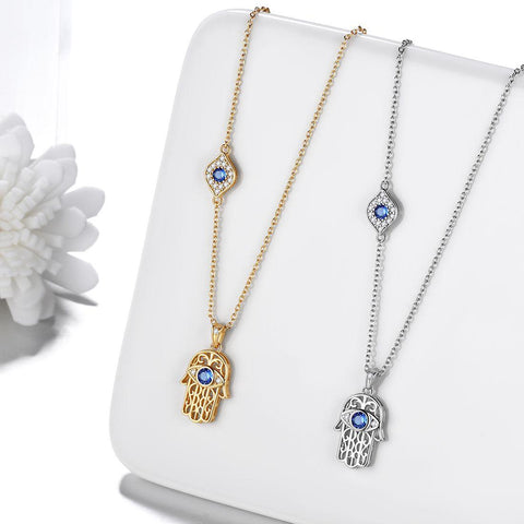 Hamsa Hand of Fatima with Evil Eye Pendant Necklace - Necklaces - Aurora Tears Jewelry