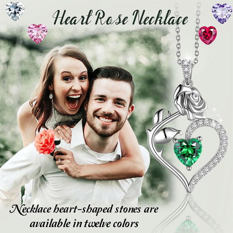 May Emerald Heart Birthstone 3D Flower Rose Necklace Pendant - Necklaces - Aurora Tears