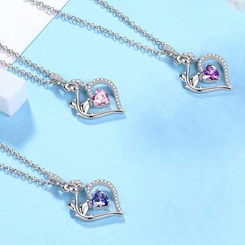 February Amethyst Heart Birthstone 3D Flower Rose Necklace Pendant - Necklaces - Aurora Tears