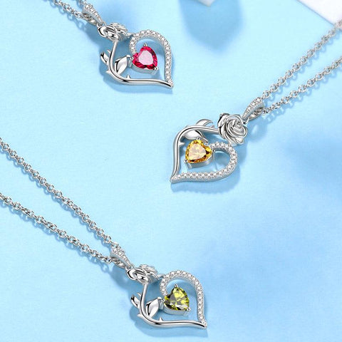 November Citrine Heart Birthstone 3D Flower Rose Necklace Pendant - Necklaces - Aurora Tears