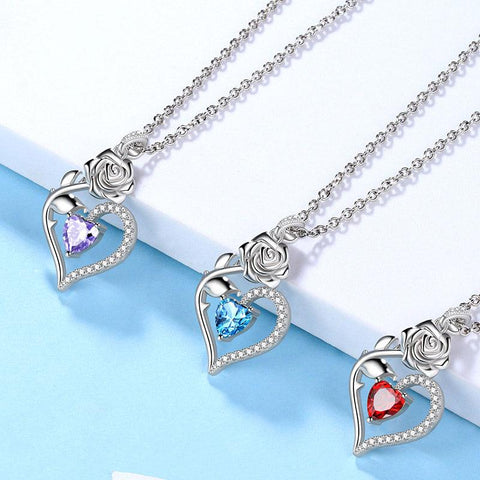 March Aquamarine Heart Birthstone 3D Flower Rose Necklace Pendant - Necklaces - Aurora Tears