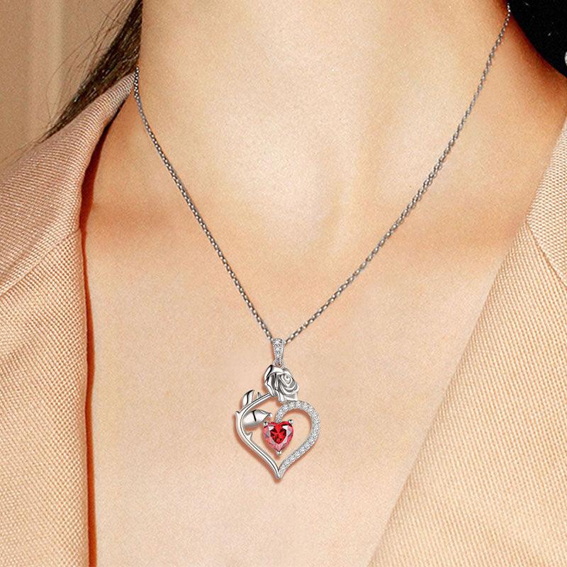 January Garnet Heart Birthstone 3D Flower Rose Necklace Pendant - Necklaces - Aurora Tears
