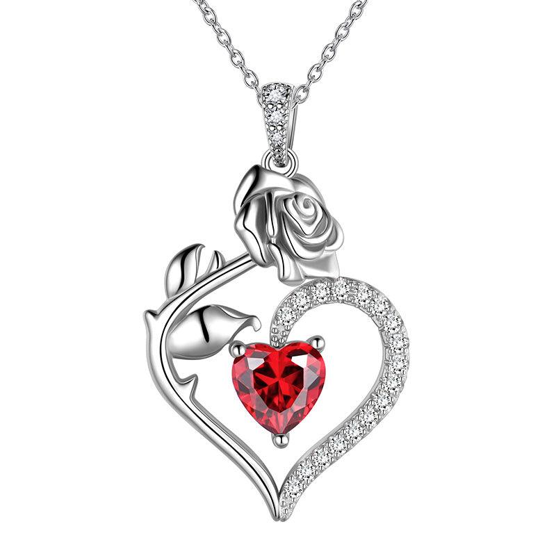 January Garnet Heart Birthstone 3D Flower Rose Necklace Pendant - Necklaces - Aurora Tears