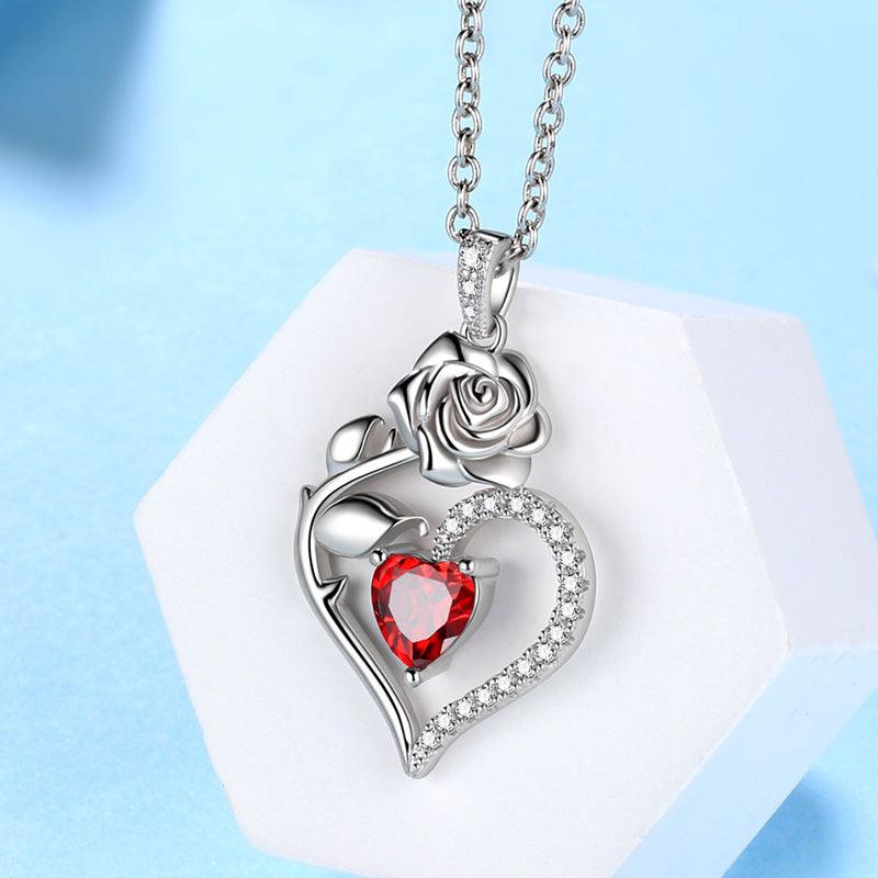 January Garnet Heart Birthstone 3D Flower Rose Necklace Pendant - Necklaces - Aurora Tears