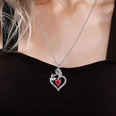 July Ruby Heart Birthstone 3D Flower Rose Necklace Pendant - Necklaces - Aurora Tears