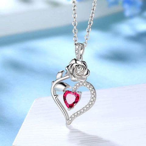 July Ruby Heart Birthstone 3D Flower Rose Necklace Pendant - Necklaces - Aurora Tears