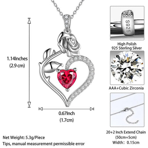 July Ruby Heart Birthstone 3D Flower Rose Necklace Pendant - Necklaces - Aurora Tears