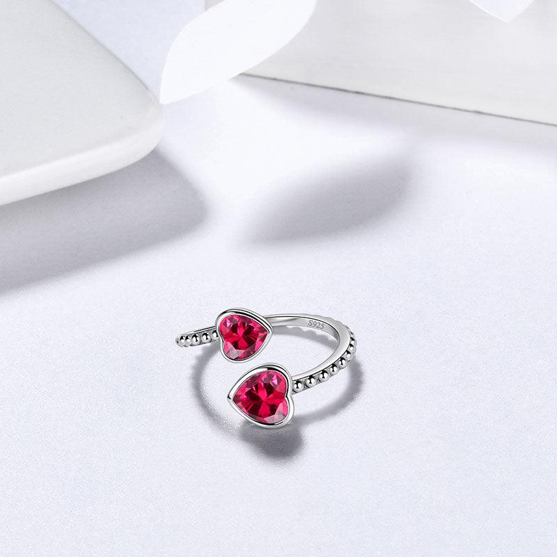 Birthstone July Ruby Love Hearts Ring Adjustable - Rings - Aurora Tears