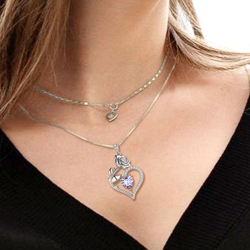 June Alexandrite Heart Birthstone 3D Flower Rose Necklace Pendant - Necklaces - Aurora Tears