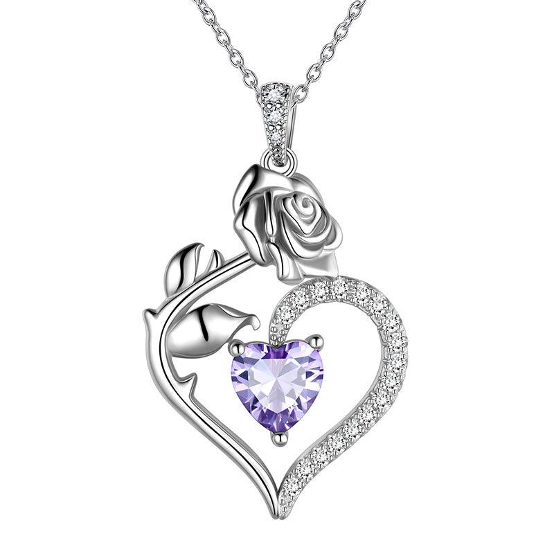 June Alexandrite Heart Birthstone 3D Flower Rose Necklace Pendant - Necklaces - Aurora Tears