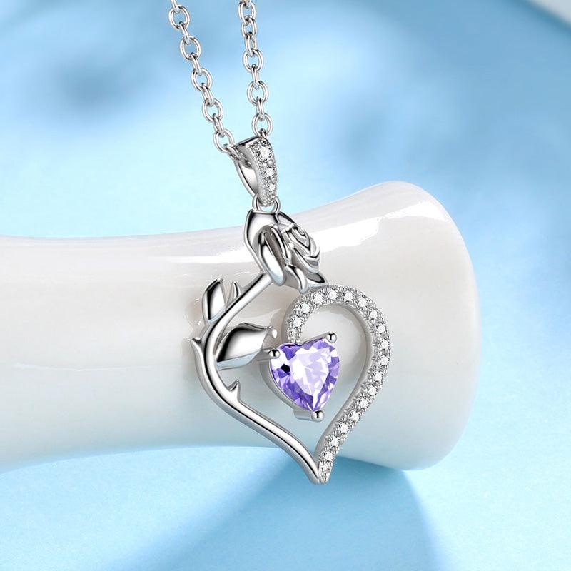 June Alexandrite Heart Birthstone 3D Flower Rose Necklace Pendant - Necklaces - Aurora Tears