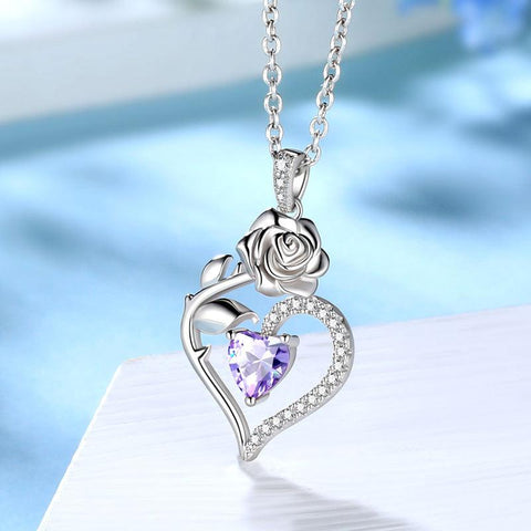 June Alexandrite Heart Birthstone 3D Flower Rose Necklace Pendant - Necklaces - Aurora Tears