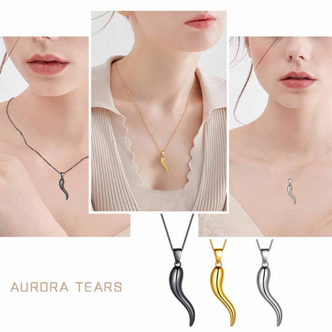 Lucky Italian Horn Necklace Pendant Sterling Silver - Necklaces - Aurora Tears
