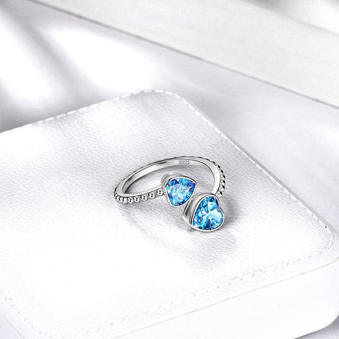 Birthstone March Aquamarine Love Hearts Ring Adjustable - Rings - Aurora Tears