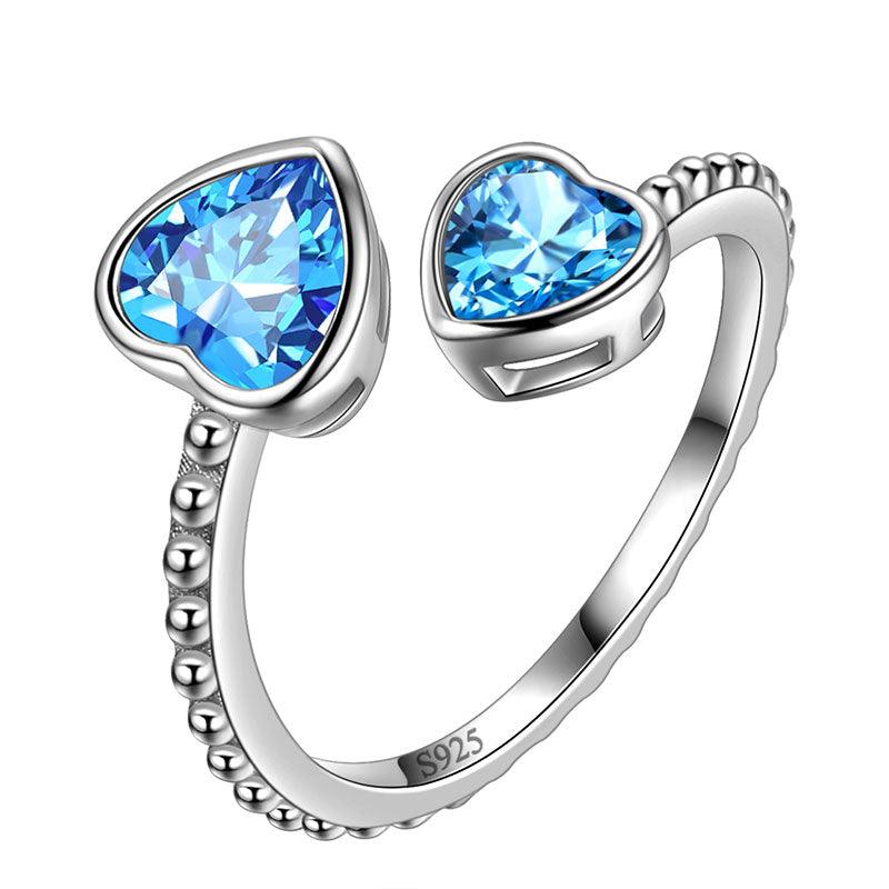 Birthstone March Aquamarine Love Hearts Ring Adjustable - Rings - Aurora Tears