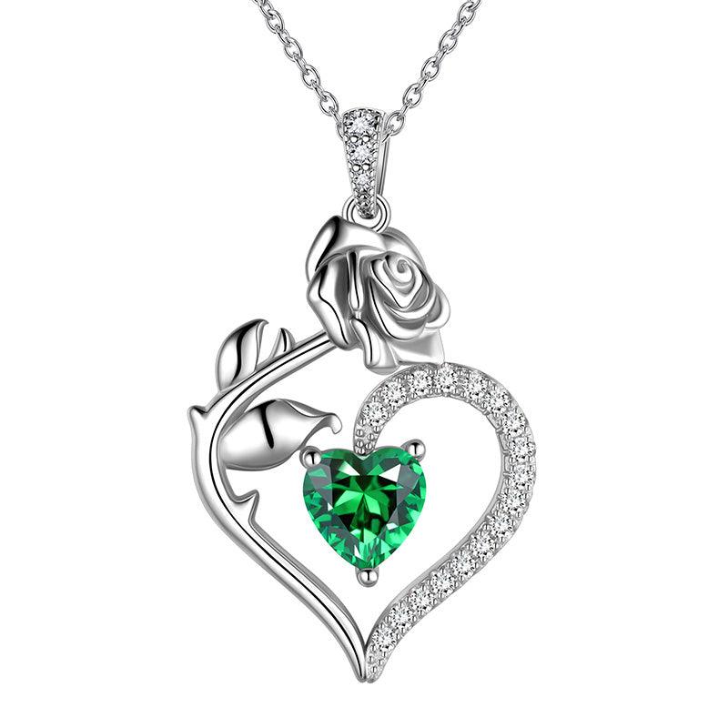 May Emerald Heart Birthstone 3D Flower Rose Necklace Pendant - Necklaces - Aurora Tears