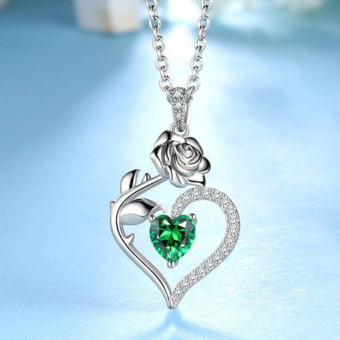 May Emerald Heart Birthstone 3D Flower Rose Necklace Pendant - Necklaces - Aurora Tears