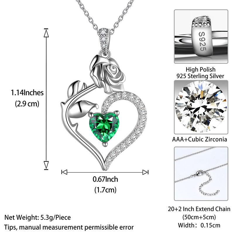May Emerald Heart Birthstone 3D Flower Rose Necklace Pendant - Necklaces - Aurora Tears