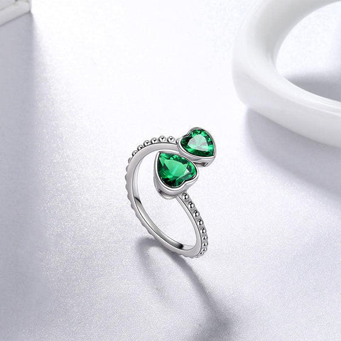 Birthstone May Emerald Love Hearts Ring Adjustable - Rings - Aurora Tears