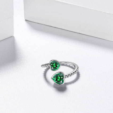 Birthstone May Emerald Love Hearts Ring Adjustable - Rings - Aurora Tears