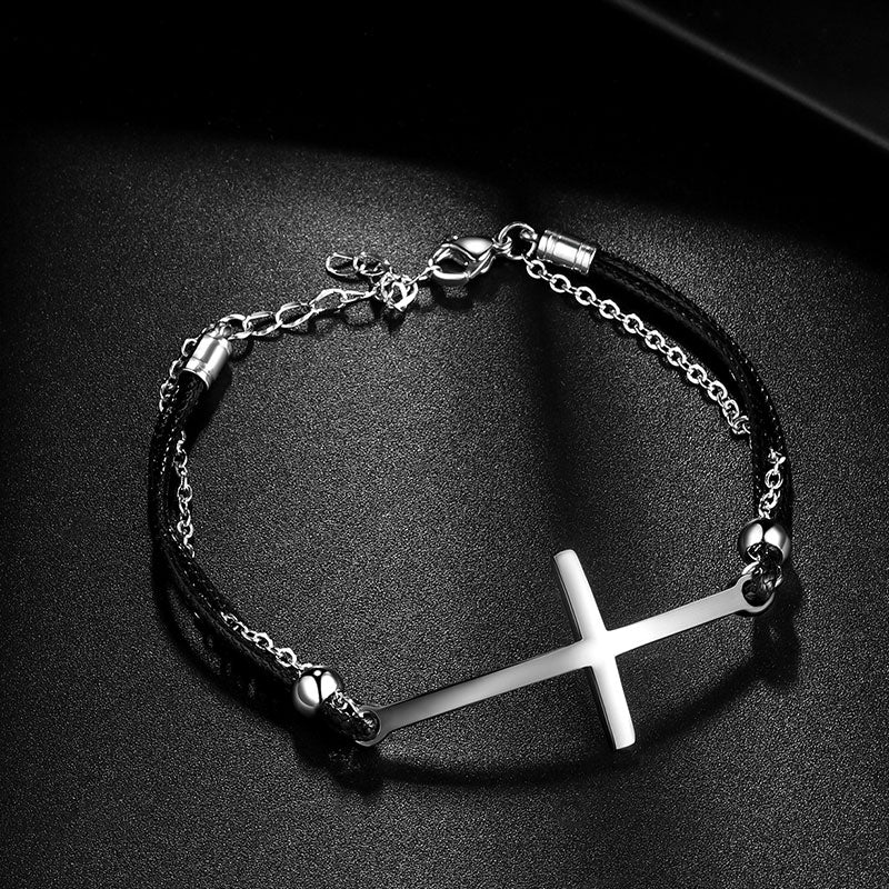 Men Cross Leather Bracelet Stainless Steel Black - Bracelet - Aurora Tears