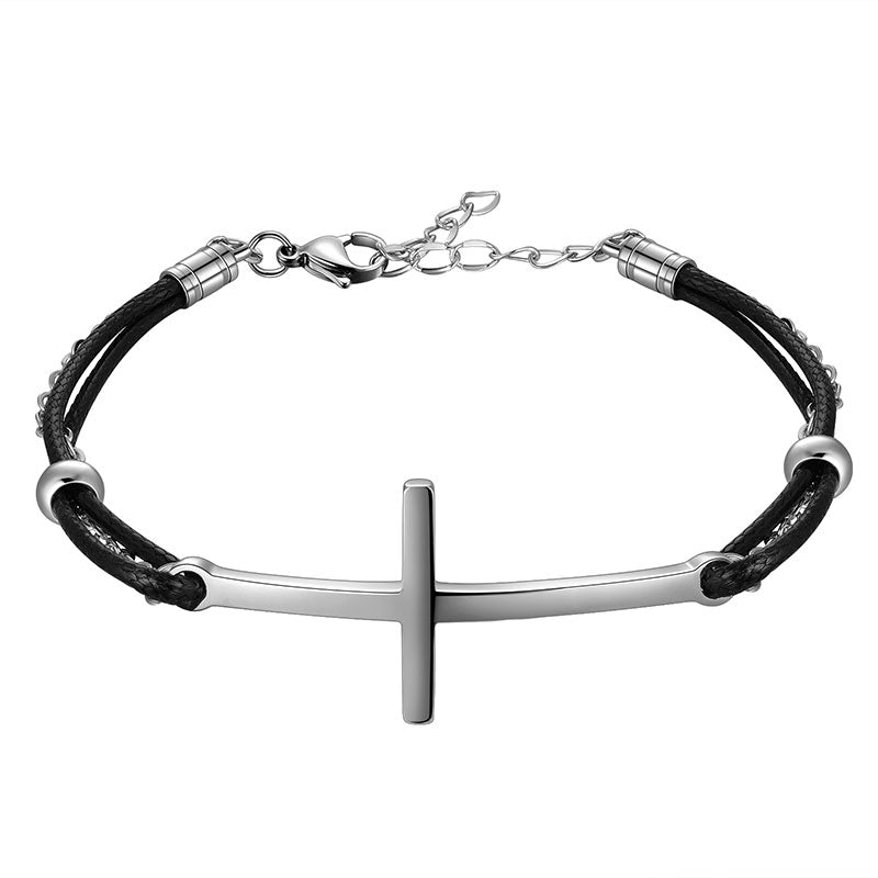 Men Cross Leather Bracelet Stainless Steel Black - Bracelet - Aurora Tears