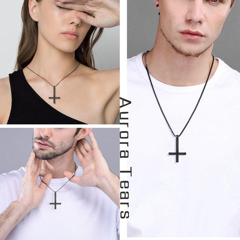 Mens Inverted Cross Necklace Pendant Sterling Silver - Necklaces - Aurora Tears