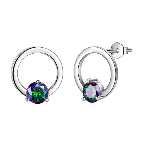 Mystic Rainbow Fire Topaz Stud Earrings Sterling Silver - Hollow Round-Aurora Tears Jewelry