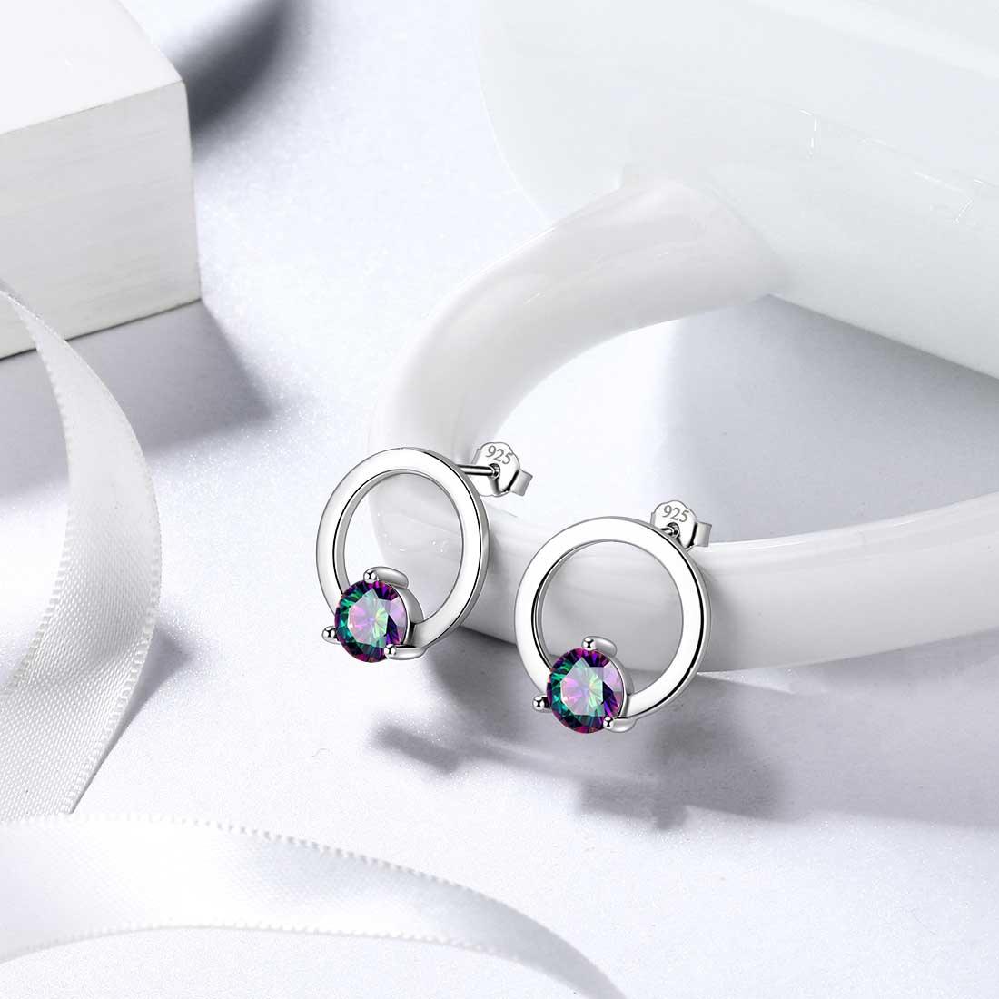 Mystic Rainbow Topaz Stud Earrings Sterling Silver Hollow Round - Earrings - Aurora Tears Jewelry