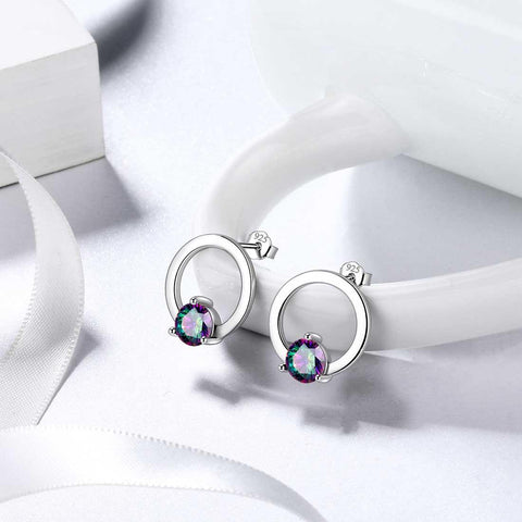 Mystic Rainbow Topaz Stud Earrings Sterling Silver Hollow Round - Earrings - Aurora Tears Jewelry