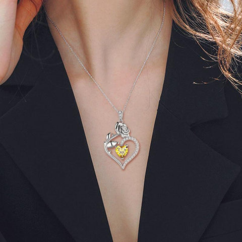 November Citrine Heart Birthstone 3D Flower Rose Necklace Pendant - Necklaces - Aurora Tears