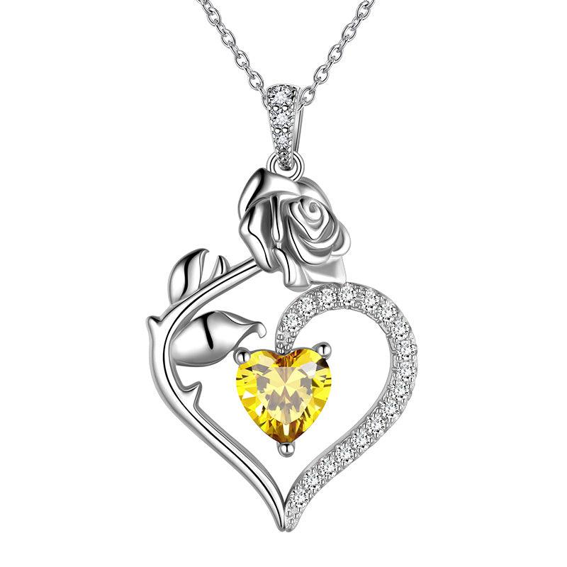 November Citrine Heart Birthstone 3D Flower Rose Necklace Pendant - Necklaces - Aurora Tears